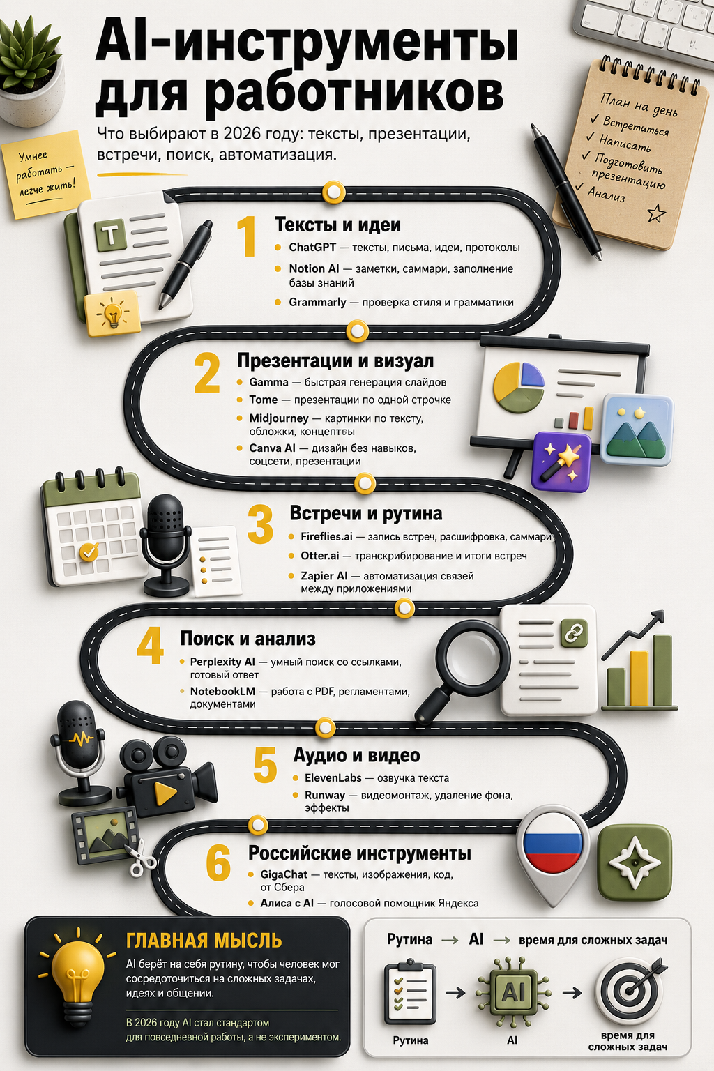 Наглядная подборка AI-инструментов для рабочих задач