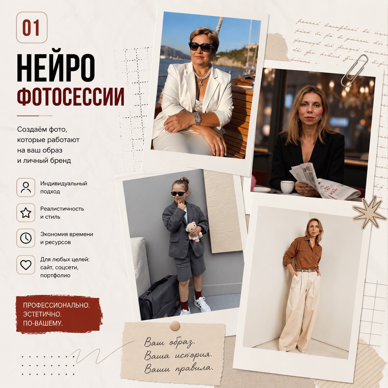 Коллаж с примерами нейрофотосессий для личного бренда